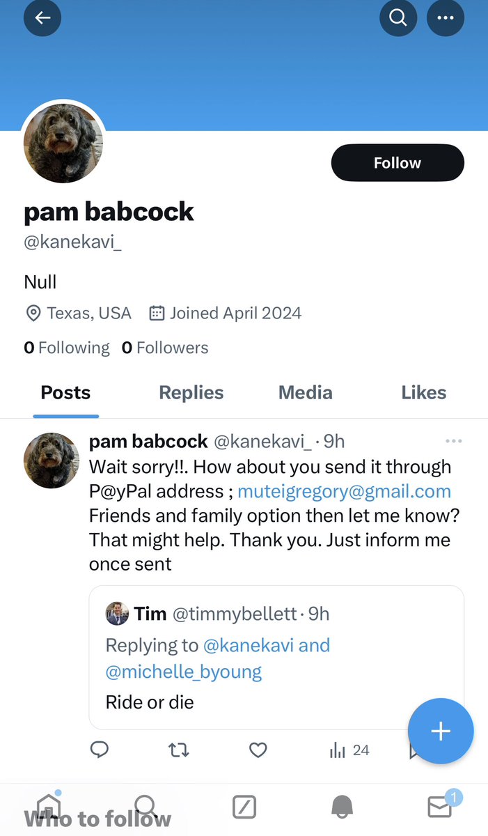 🚨 SCAMMER🚨 BEWARE of @kanekavi_ impersonating the real @PamBabcockTruth do NOT send them anything how low to steal from dogs and rescues 😡😡😡 Block and Report please .