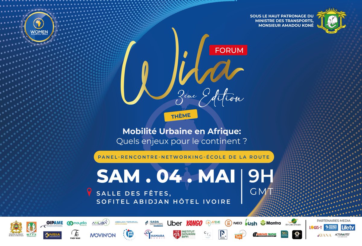 Join us at the 3rd edition of the FORUM WILA 
Book your spot now
💰20 000 fcfa 
Saturday May 4th ,2024 
Salle des fêtes-Sofitel Abidjan Hôtel Ivoire
+225 07 59 15 55 51
 #investment #transports #mobility #Africa #technology #innovation #VTC #cars #decarbonation #electromobility