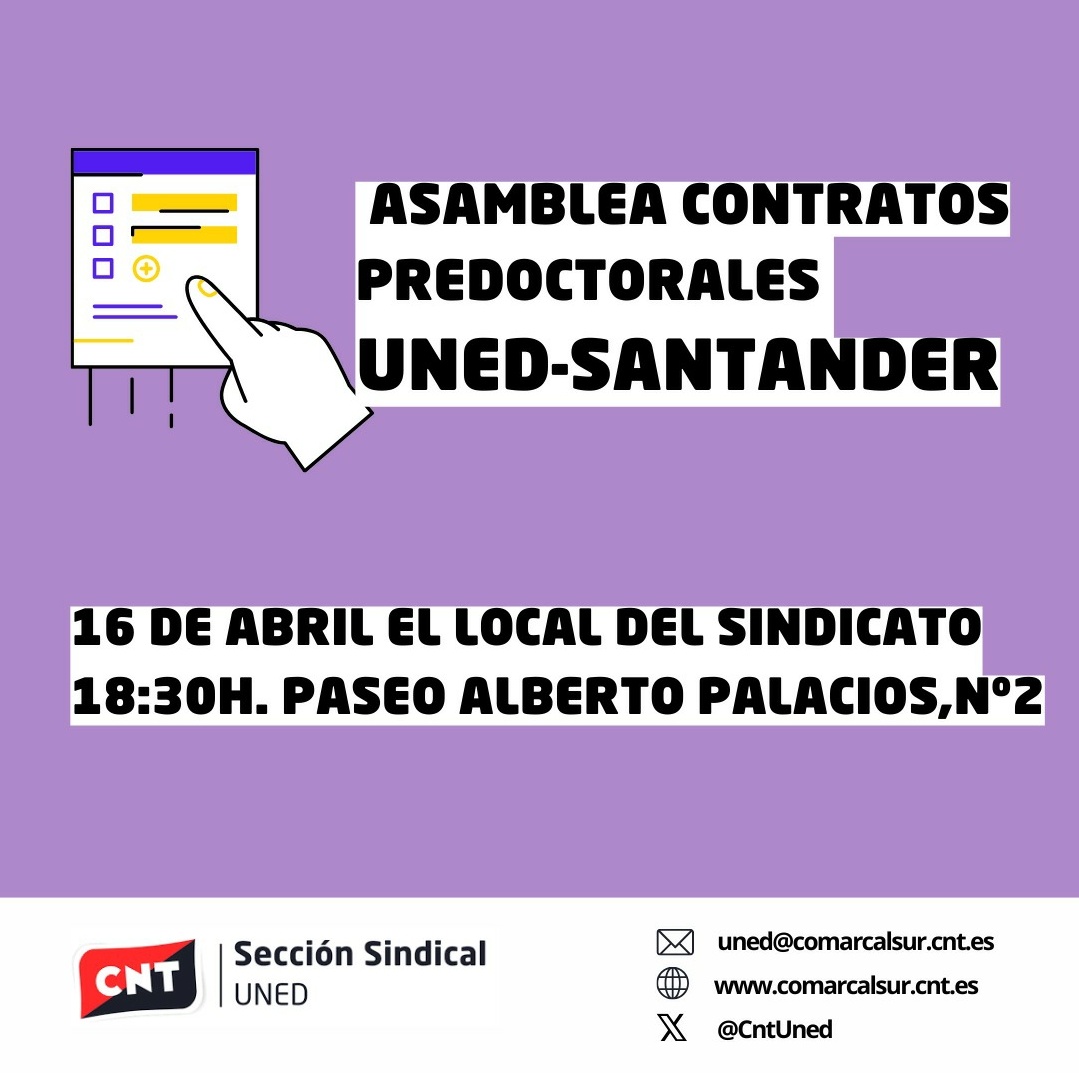 📢 Si tienes un contrato predoctoral UNED-Santander, tenemos algo que contarte...

 💬 Escríbenos por aquí o a nuestro correo: uned@comarcalsur.cnt.es 

🤜🏽🤛🏽 Y, si puedes, pásate el próximo martes 16 de abril por nuestra asesoría colectiva.