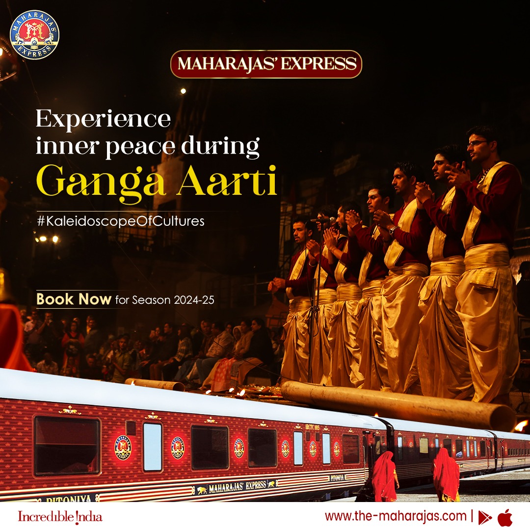 Experience inner peace as you watch the harmonious Ganga Aarti in Varanasi.  

Visit the-maharajas.com to book a tour aboard Maharajas' Express and witness a #KaleidoscopeOfCultures.  

#ADayWithMaharajasExpress #incredibleindia #india #maharajasexpress #LuxuryTrainTravel