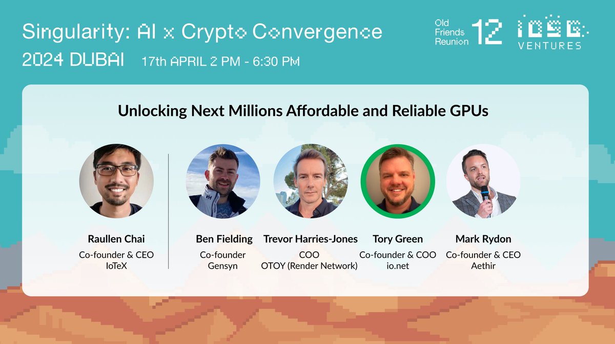 8⃣ Panel: Unlocking Next Millions Affordable and Reliable GPUs Panelists: @fenbielding, Co-founder of @gensynai @drjonessf, COO of @OTOY @rendernetwork @MTorygreen, Co-founder & COO of @ionet @MRRydon, Co-founder & CEO of @AethirCloud MC: @Raullen, Co-founder & CEO of