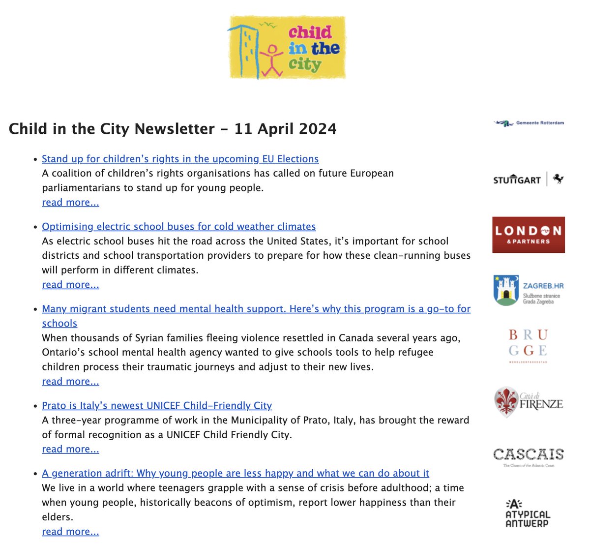 Hi everyone, this week's newsletter includes details of how a coalition of children's rights advocates are urging future #EU parliamentarians to 'stand up' for young people at the forthcoming elections. Sign up for the newsletter at childinthecity.org