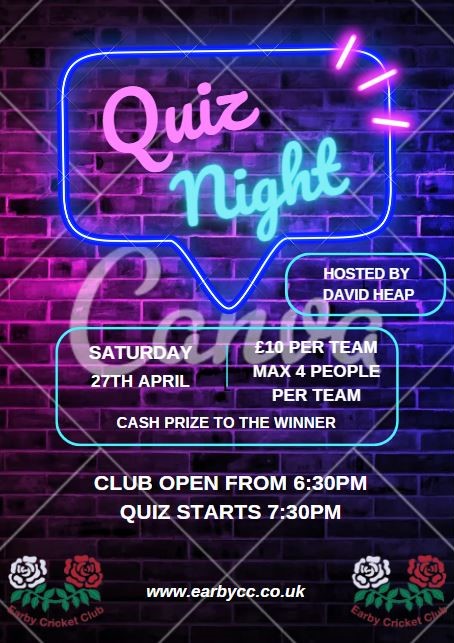 A date for your diary...the next Quiz Night will be held on Saturday 27th April Kindly hosted by David Heap, everyone is welcome to attend. #localsupport #quiznight #earbycc #COTE