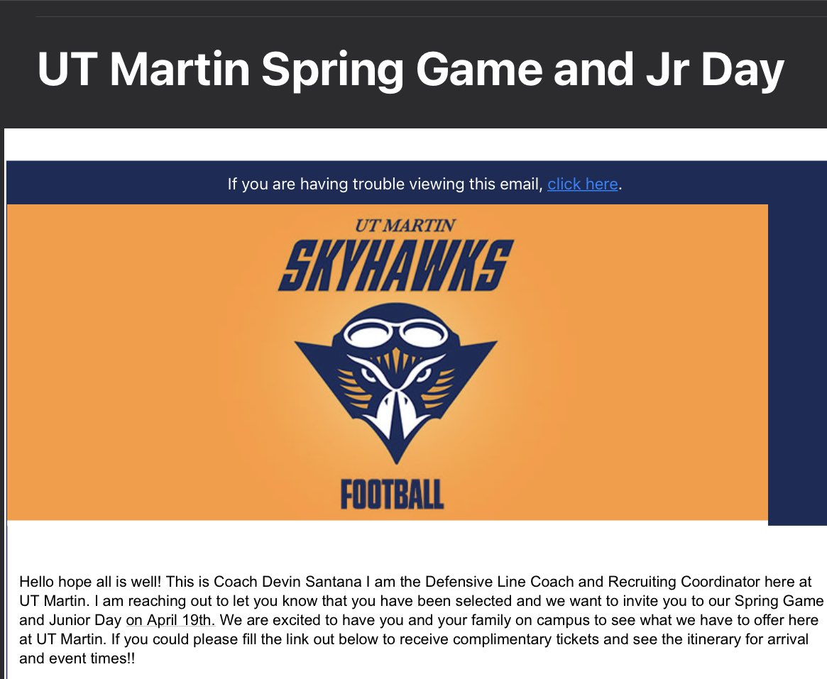 Thank you @CoachSantana_ for the invite to @UTM_FOOTBALL spring game & Junior Day. I look forward to learning more about the program and university @Coach_JSimpson @CoachKBannon @coachTJ_UTM. @GVandagriff @CoachRicht @CoachDollar21 @CMontgomeryLS @NEGARecruits @RecruitGeorgia