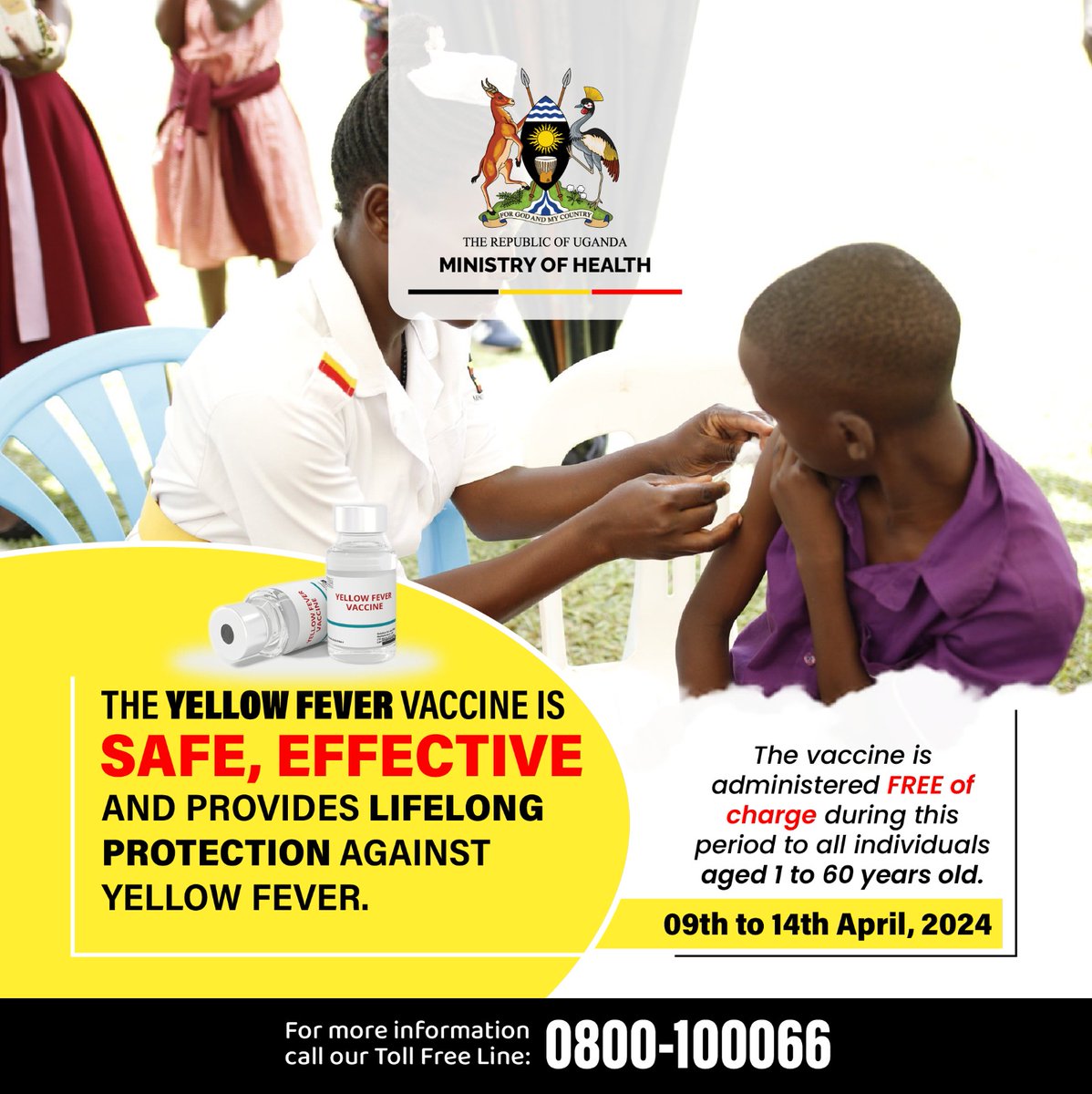 The Yellow Fever vaccine is safe and Effective. Go get your jab today for lifelong protection from Yellow Fever disease. @ps_lukwago @KigoziMaggie @MinofHealthUG @kino YellowFeverFreeUg