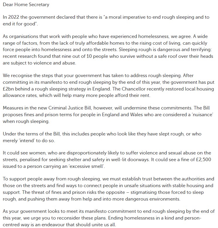 Alongside 36 other organisations, we have written to the Home Secretary @jamescleverly urging him to reconsider proposals to fine & imprison people forced to sleep on our streets #CriminalJusticeBill

Join us & @crisis_uk & contact your MP urging them to stand against these plans