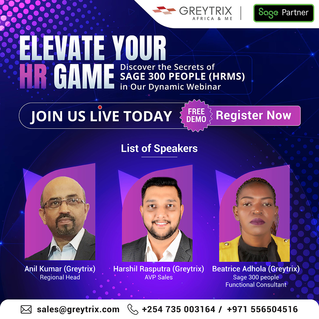 Join us today for the #Sage300People Demo Webinar, a dynamic and interactive session where our team of experts will address all your queries. To Register - bit.ly/3PZTusR #GreytrixAME #SagePartner #ERP #ERPForHR #Africa #MiddleEast #HRSolution #HRSystem #HR #HRMS