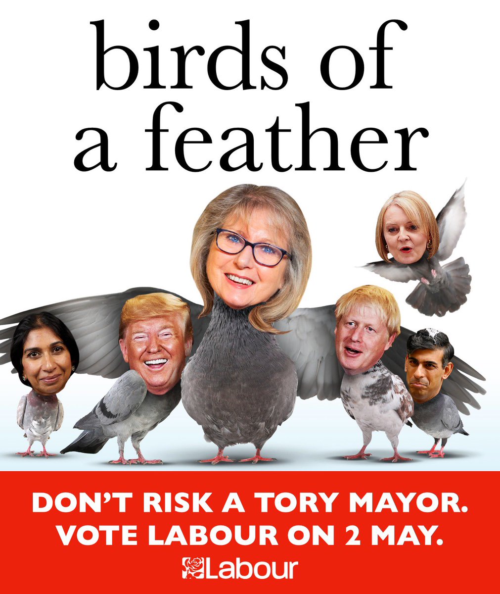 Birds of a feather… If the progressive vote is split we risk a Tory Mayor in City Hall. The Tories changed the electoral system to ‘first past the post’ and introduced voter ID to help their cause. Don’t let them get away with it. #VoteLabour #May2nd 🌹🌹🌹