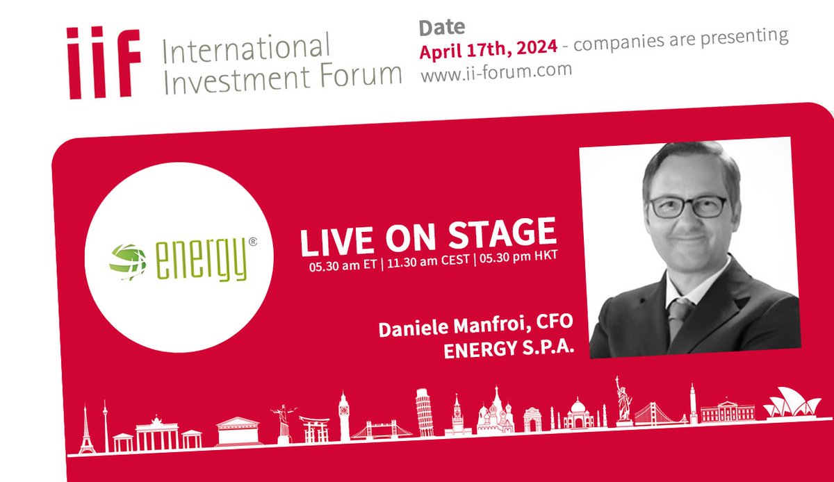 📣 📆 Daniele Manfroi, Chief Financial Officer of #EnergySpA, is set to speak at the International Investment Forum (IIF) on April 17, 2024, at 10:00 am CEST.

Find out more ➡ lnkd.in/dv5PHqq6

#greentransition #energystorage #storage #ESG #batteries #greeneconomy