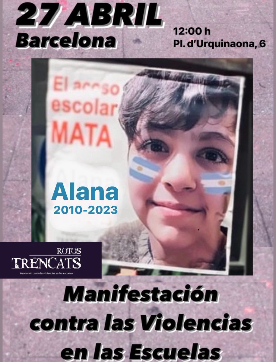 #27A #elacosoescolarmata Con 12 años Alana, nacida en su amada Argentina y residente en Sallent (Barcelona), no pudo soportar seguir siendo el blanco de burlas en su instituto cuando más necesitaba la aceptación de su entorno. Alana se despidió de sus padres con una nota: ”Yo…