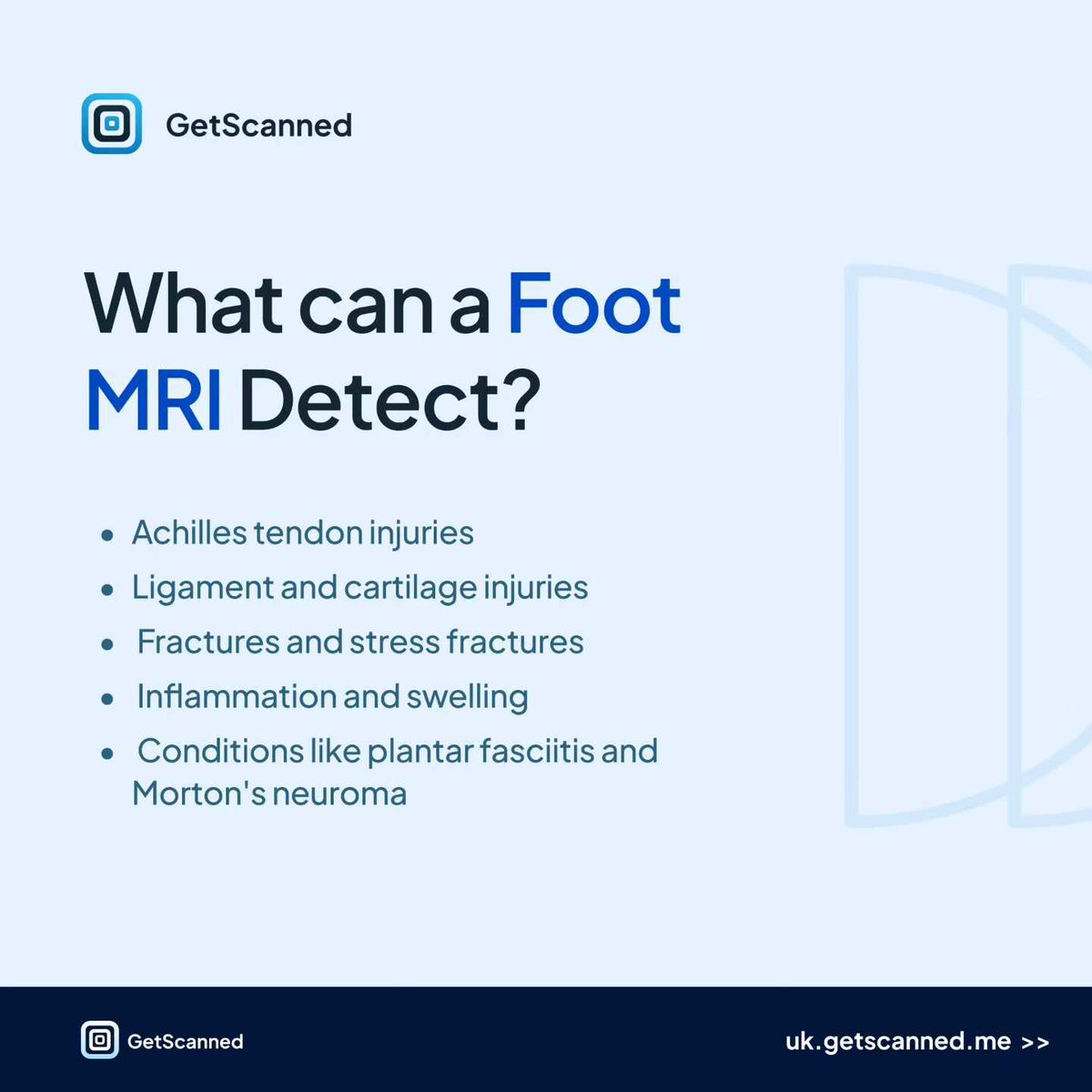 Get_Scanned's tweet photo. Struggling with foot pain or injury? 

Don't let uncertainty hold you back! Discover the game-changing insights of foot MRI scans. From Achilles tendon injuries to arthritis, MRI technology provides precise diagnoses for effective treatment. https://t.co/LJOAGgn7ha