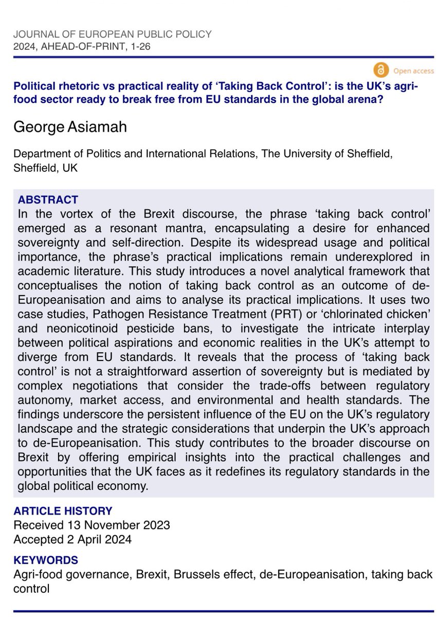 Excited to share my latest article in JEPP! 📚✨I delve into the UK's readiness to 'take back control' its regulatory regimes post-Brexit and its competitive stance against the EU in the global political economy. Check it out: tandfonline.com/doi/full/10.10… #Brexit #AgriFood #UKpolitics