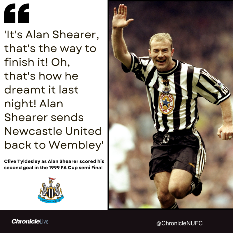 ChronicleNUFC's tweet photo. 25 years ago this very day, Alan Shearer fired #NUFC into the 1999 FA Cup Final. 

We chatted to @CliveTyldesley about his commentary on that great day.