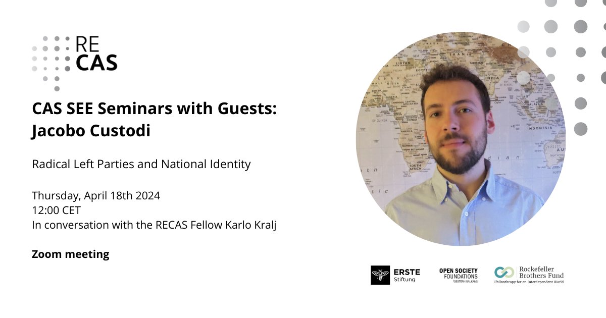 Join us for the @cas_see_uniri Seminar on April 18th, 2024, at 12:00 CET, where @JacopoCustodi will discuss 'Radical Left Parties and National Identity' with RECAS Fellow @kralj_karlo. Custodi, a political science research fellow at @scuolanormale (Italy) and professor at…