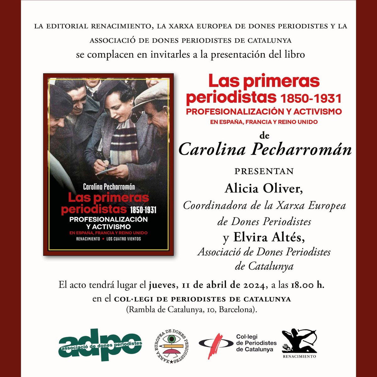 Aquesta tarda ens acompanyarà la periodista Carolina Pecharromán @CarolPecha per a presentar-nos el seu llibre 'Les primeres periodistes 1850-1931', a @periodistes_cat i amb @ADPCdones Imprescindible conèixer els nostres orígens, recuperar la nostra història!💪🏾💜