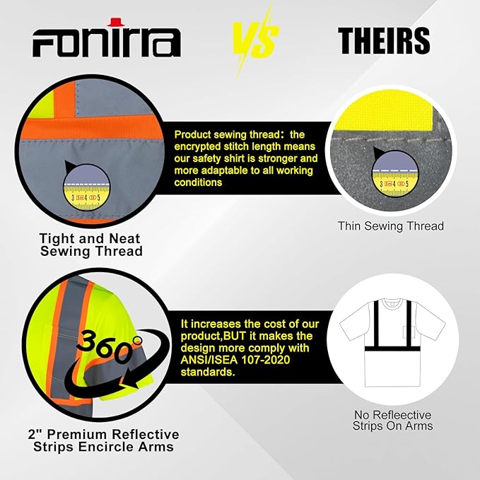 💥Perfect for construction workers, traffic conductors, and outdoor enthusiasts!
✅The hem is spliced in black, making it more resistant to stains and hiding dirt.
👉fonirra.com
#hivis
#workwear
#SafetyFirst 
#safetyshirt
#reflectiveclothing
#PPE
