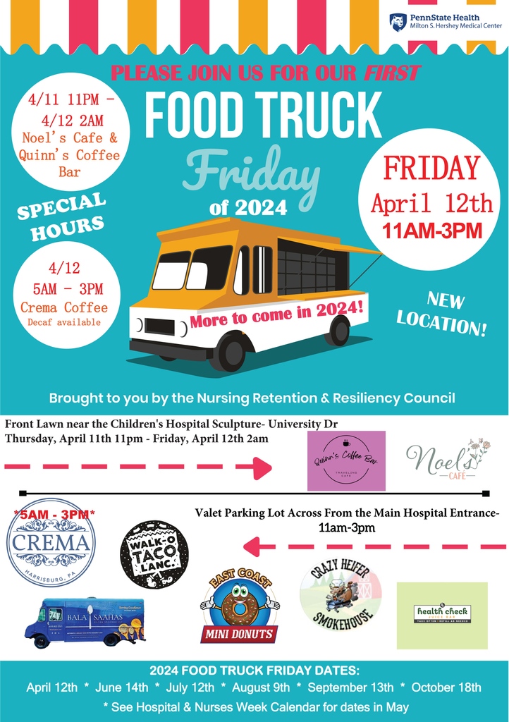 First Food Truck Friday of the year THIS Friday April 12th. Open to ALL on the @pennsthershey campus. See flyer for exact times, locations and food trucks.