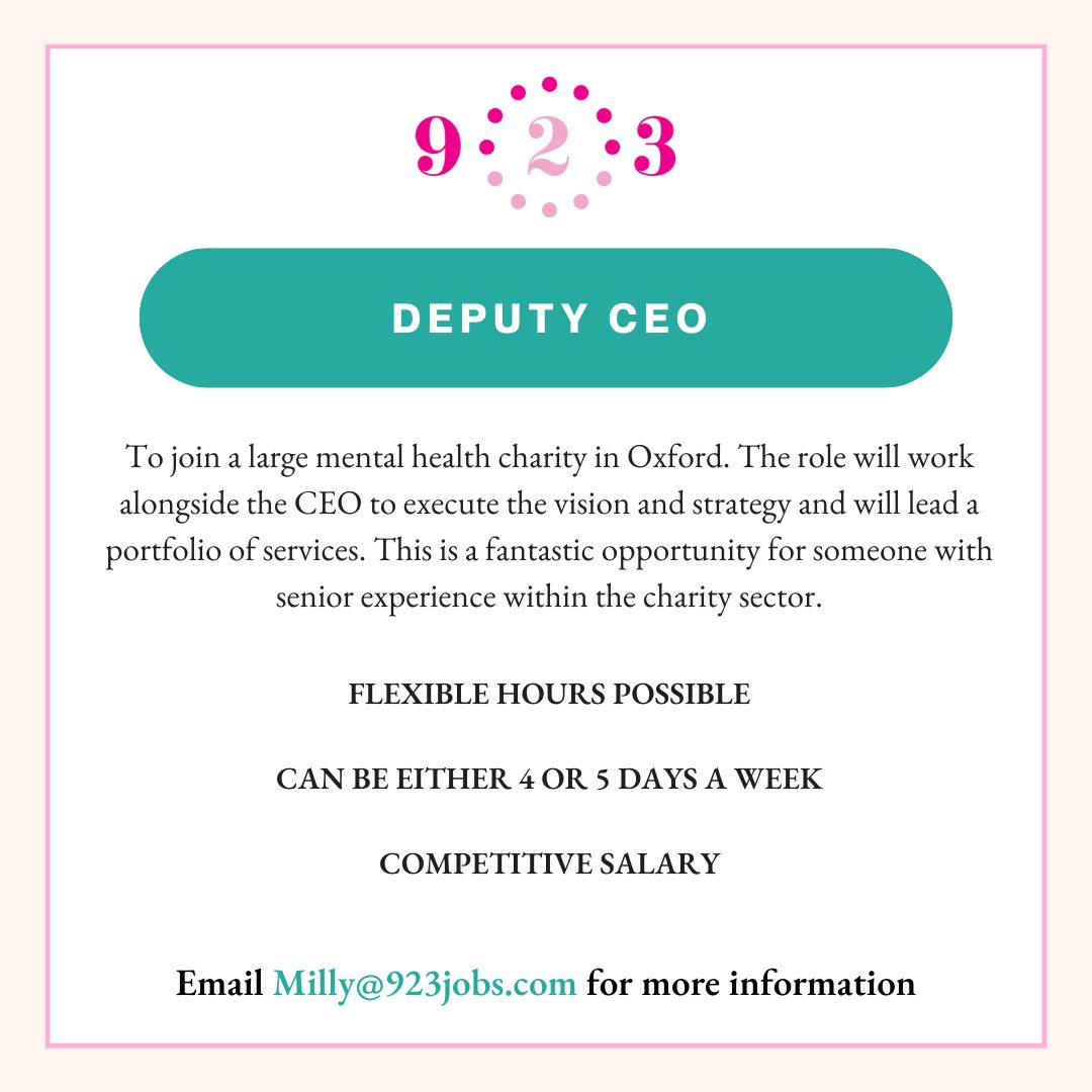 ⭐️JOB SHOUT OUT⭐️ We are looking for a talented Deputy CEO to join a large mental health charity in Oxford. 🔸Flexible hours possible 🔸Either 4 or 5 days a week 🔸Competitive Salary 👉Milly@923jobs.com #charityjobs #charitysector #flexiblejobs #oxfordjobs #newjob #jobsearch