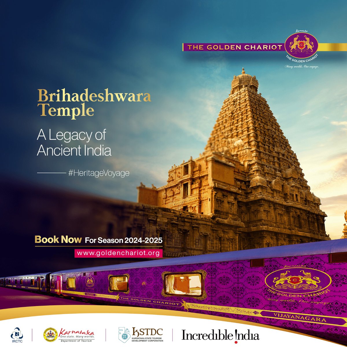 Witness the legacy of ancient India at Brihadeshwara Temple. Visit goldenchariot.org to book a #HeritageVoyage aboard the #GoldenChariot. #goldenchariot #travelindia #luxurytravel #SouthIndia #travellife #BucketListAdventure #IncredibleIndia #travel