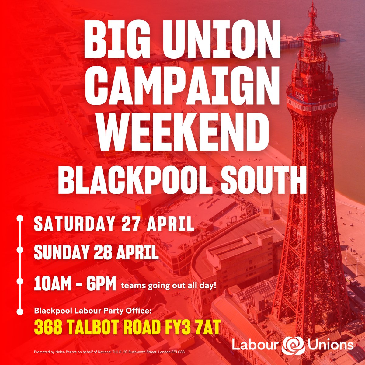 ✊BIG UNION CAMPAIGN WEEKEND🌹 🗓️April 27th & 28th 📌Blackpool South @ChrisPWebb ⏰ 10am - 6pm, teams going out all day!🚶‍♀️🏃‍♂️ ✍️ Register for info and updates labourunions.org.uk/blackpool