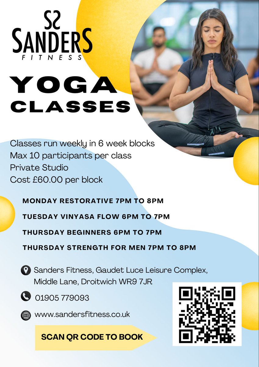 Sanders Fitness is now offering Yoga Classes for all 🧘‍♂️⭐ 
Open to members and non-members, simply scan the QR code below and book in! 
- Restorative Yoga
- Vinyasa Flow 
- Beginners Class
- Strength For Men