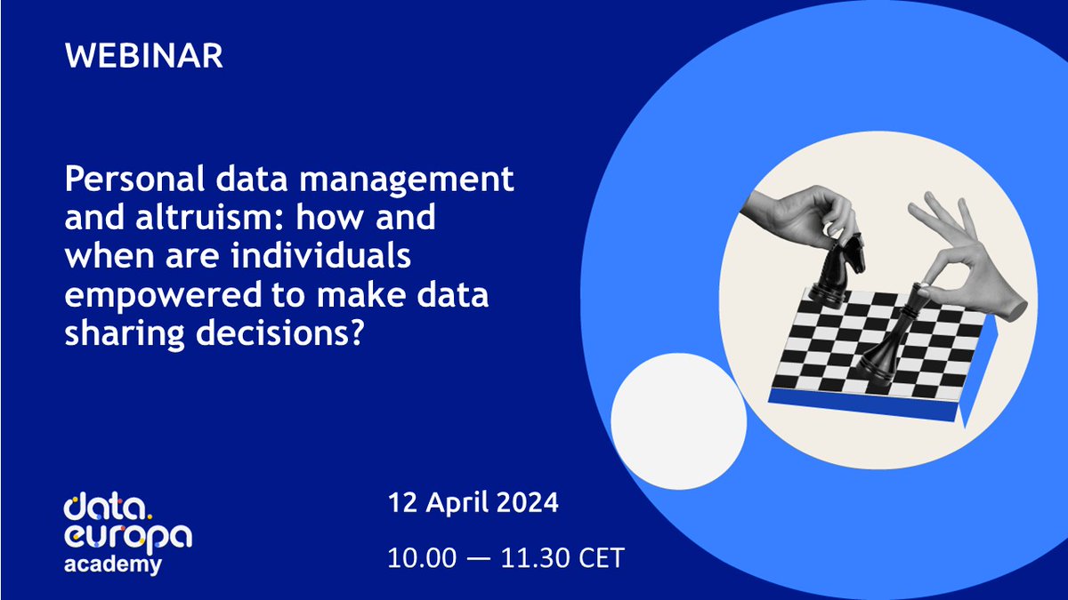 Join our #webinar about personal data management and altruism tomorrow from 10:00 to 11:30 CET. Learn more about the #DataGovernanceAct and how to control your own data.

Register now 👉 bit.ly/3TM6gxj 

Read more 👉 europa.eu/!jf4JbR 

#EUOpenData