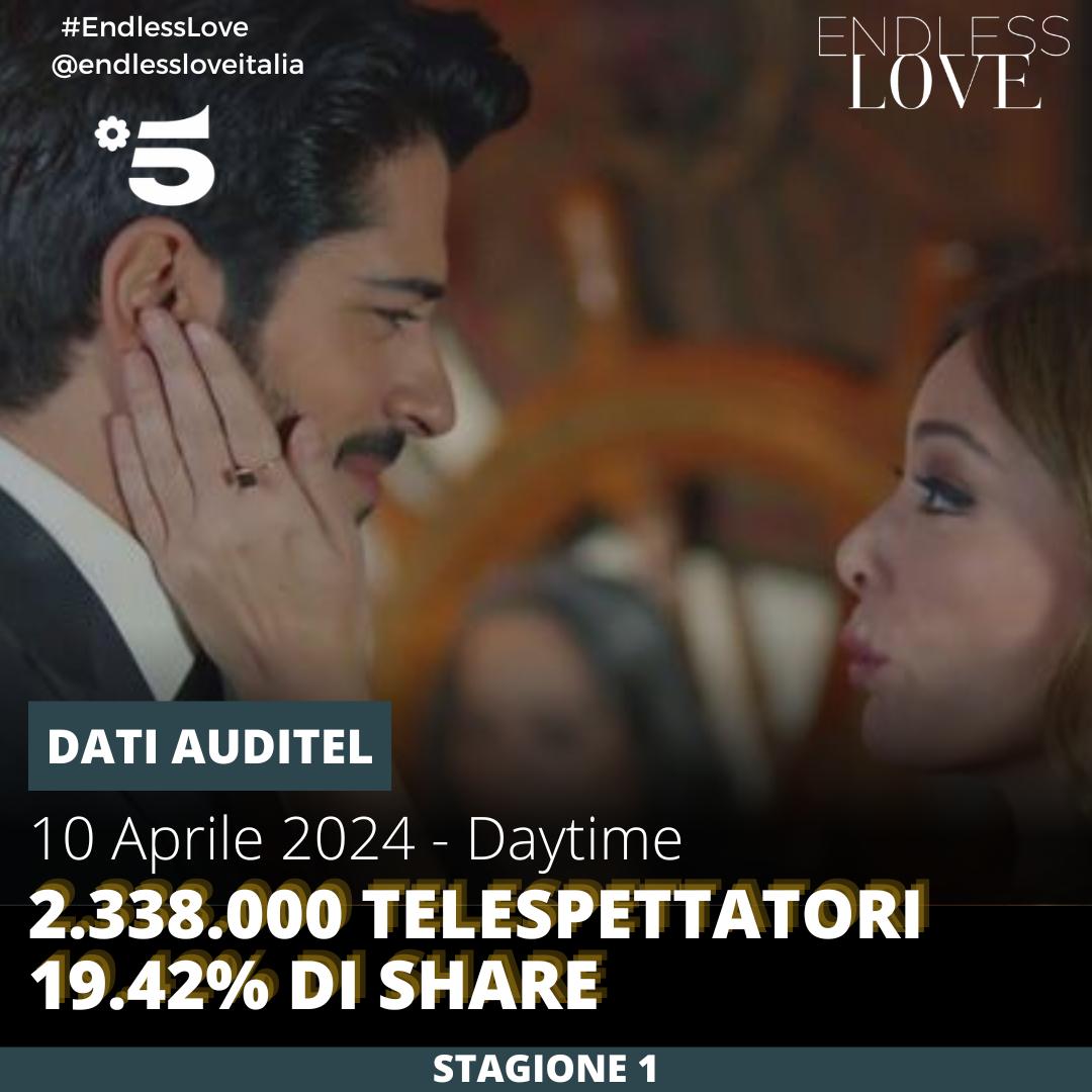 Endless Love dati Auditel 10 Aprile 2024 2.338.000 telespettatori 19.42% di share #EndlessLove #Canale5 #AscoltiTV