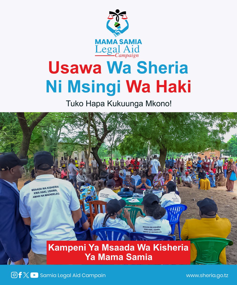 Katiba ya Tanzania inathibitisha usawa mbele ya sheria kwa watu wote. Ibara ya 13(1) inalinda haki ya kila mtu kutendewa kwa usawa na kuheshimiwa na sheria bila ubaguzi. Hii inamaanisha hakuna mtu anayepaswa kunyimwa haki.
 #MSLAC #SSH #CCM #KaziIendelee #Nchiyangukwanza