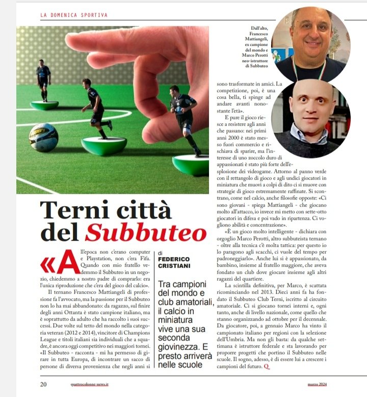 perottimarco192's tweet photo. ⏺️ ARTICOLO DI FEDERICO CRISTIANI DEL PERIODICO QUATTRO COLONNE TESTATA GIORNALISTICA DELLA SCUOLA DI GIORNALISMO DI PERUGIA, MARZO 2024.
#subbuteo #calciotavolo
#FISCT #terni #marcoperotti #calcioinminiatura #quattrocolonne https://t.co/OfgEzXIoFH