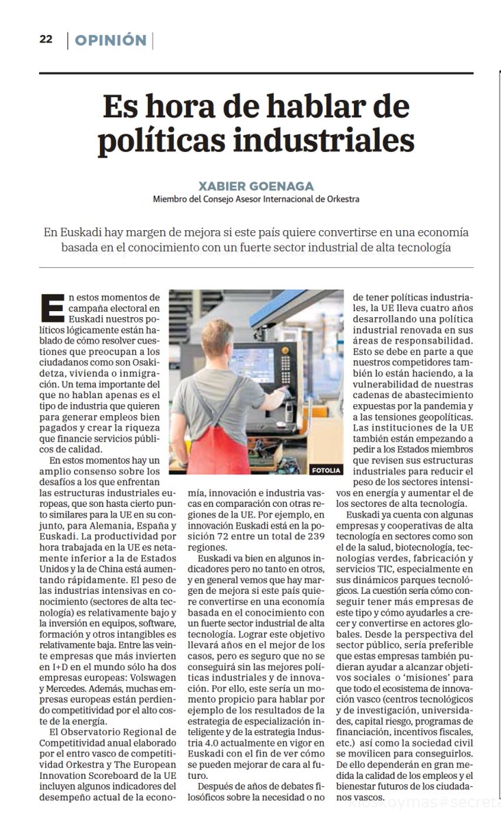 📰 Xabier Goenaga, miembro del Consejo Asesor Internacional de Orkestra, ha publicado un interesante artículo de opinión en @diariovasco sobre la importancia de desarrollar una política industrial renovada en #Euskadi. 🔗labur.eus/Db1en