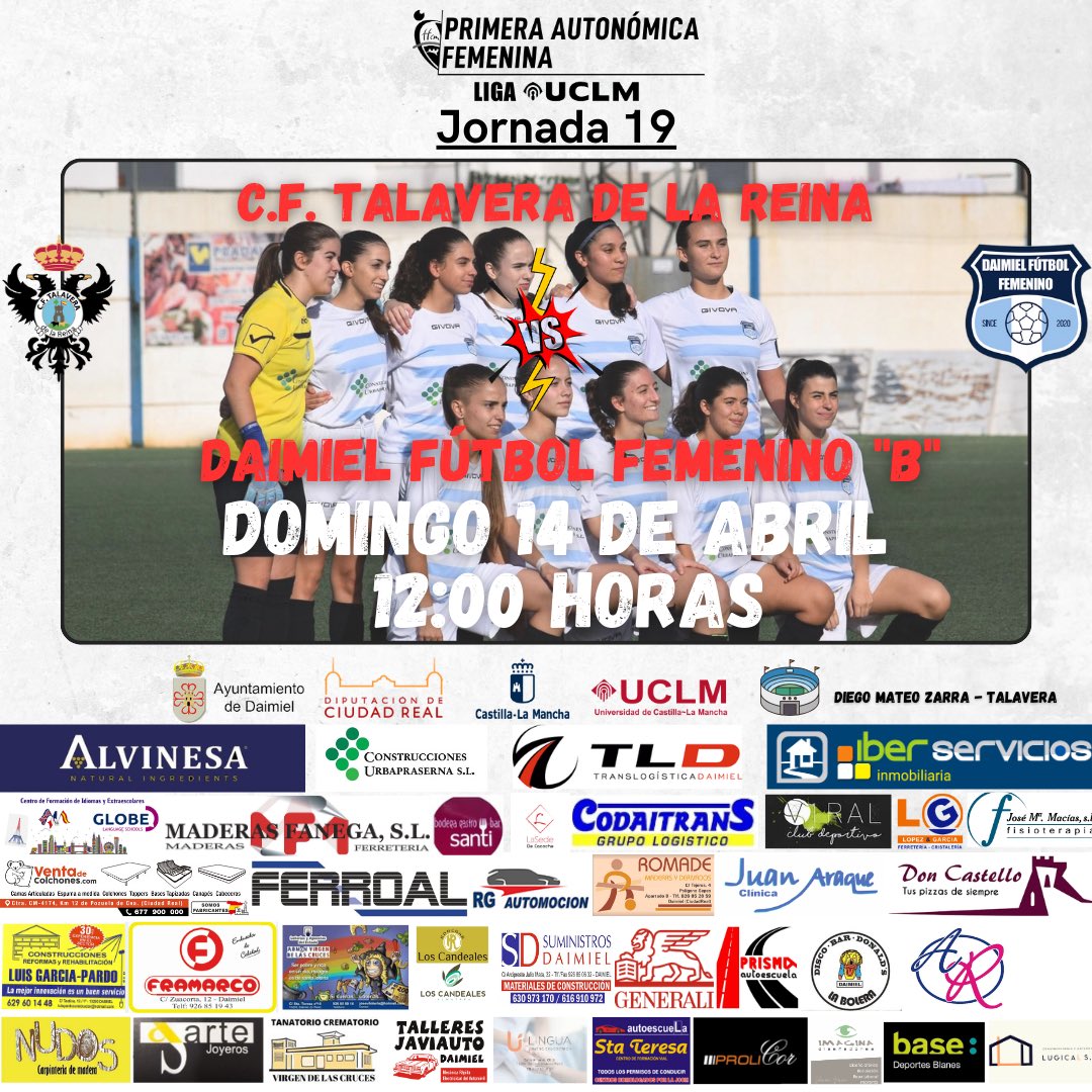 🔜 𝙋𝙍𝙊́𝙓𝙄𝙈𝙊 𝙋𝘼𝙍𝙏𝙄𝘿𝙊  | 𝙅. 𝟭𝟵

 🗓️ Domingo 14/06
 🏆 Liga UCLM 1ª Auto. Femenina. G2.
 🕕 12:00 Horas 
 🏟️ Diego Mateo Zarra - Talavera 
 🆚 C.F. Talavera de la Reina 

#daimielfutbolfemenino #primeraautonomicafem #Ligauclm #123abocaos #futfem 

🖤🤍💙