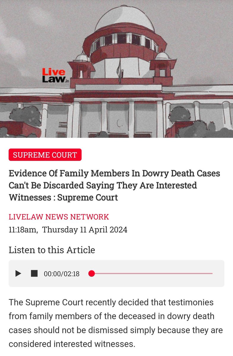 Ok but what about the #husband's family testimony? Those should be considered too?
The life of a man is becoming very cheap day by day.
livelaw.in/supreme-court/…
#SupremeCourtOfIndia 
#Dowry
#MenToo