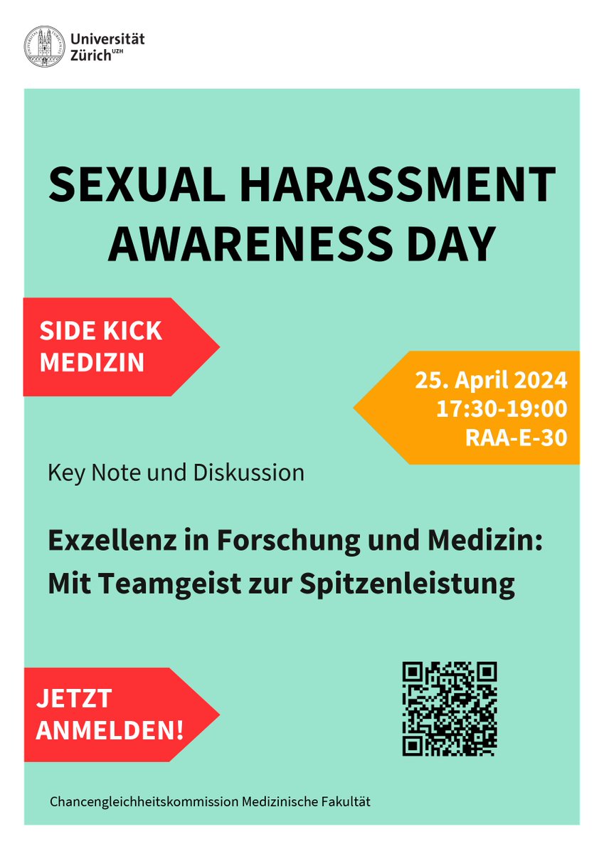 Im Rahmen des Sexual Harassment Awareness Day am 25. April 2024 organisiert die Medizinische Fakultät erneut einen Side Kick Medizin. Mit einer Keynote von Dr. Joachim Maier zum Thema psychologische Sicherheit. Melden Sie sich an unter: med.uzh.ch/de/Nachwuchsfo… #sh2024