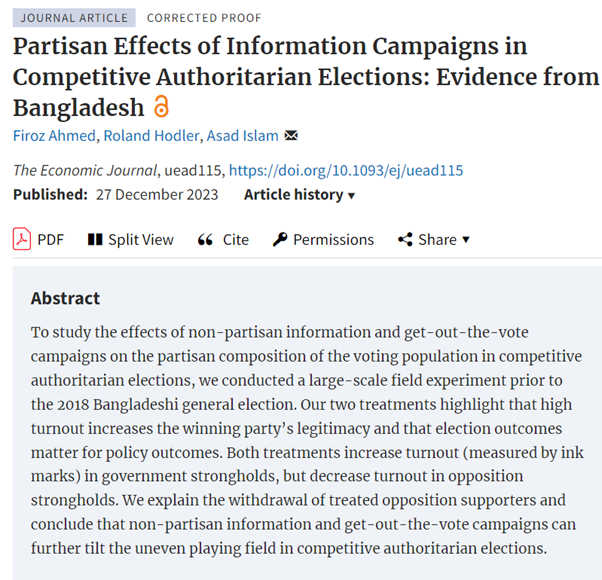 Forthcoming in EJ: ‘Partisan Effects of Information Campaigns in Competitive Authoritarian Elections: Evidence from Bangladesh’ by Firoz Ahmed, Roland Hodler, Asad Islam doi.org/10.1093/ej/uea… @AsadIslamBD @FirozAhmed_BD @RolandHodler@RoyalEconSoc @OUPEconomics #EconTwitter