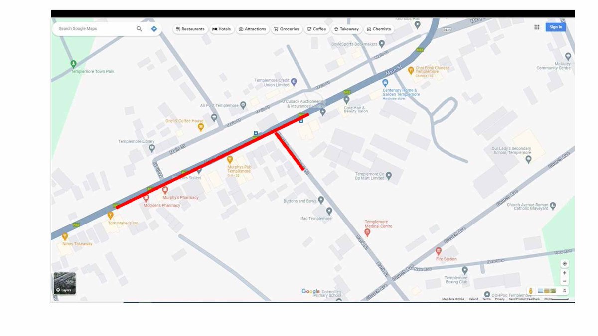 Temp. traffic management plan will be in place in Templemore Mon 15th April to Tues 7th May for to facilitate the moving of the site hoarding for the placement of the new kerb line at the Town Hall. A one-lane system will be in operation with traffic lights. Please expect delays