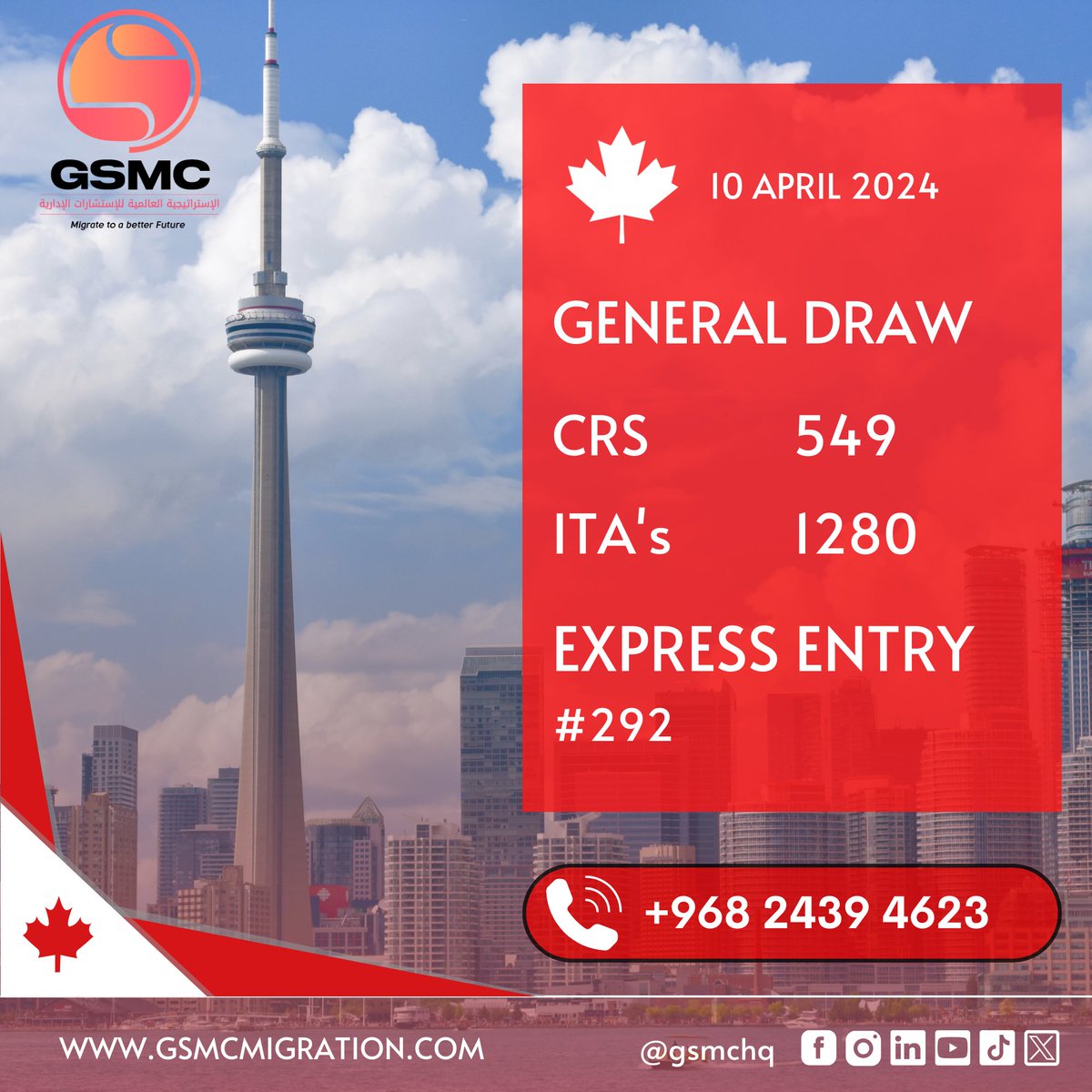 CRS Score Update: ITA's Issued with CRS Scores ranging from 549 to 1280 in the General Draw on April 10, 2024, for Express Entry candidates.

Apply Now!
wa.me/96824394623

#GSMC #migrateabroad #ExpressEntry #expressentrydraw