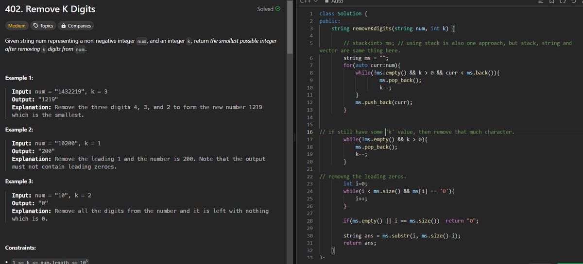 0sagarsingh01's tweet image. #Day63 #dailyChallenge #ProblemSolving Today's #potd #leetcode #solutions
"402. Remove K Digits"