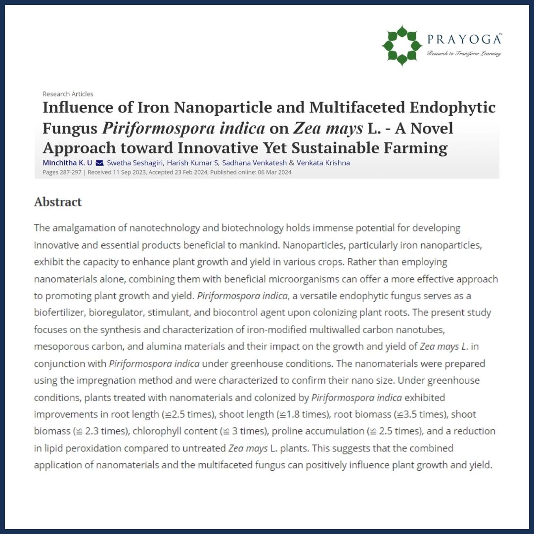 Dr Venkata Krishna B's article was published in the Geomicrobiology Journal, titled as 'Influence of Iron Nanoparticle and Multifaceted Endophytic Fungus Piriformospora indica on Zea mays L.: A Novel Approach toward Innovative Yet Sustainable Farming'.
#Prayoga #NewPublication