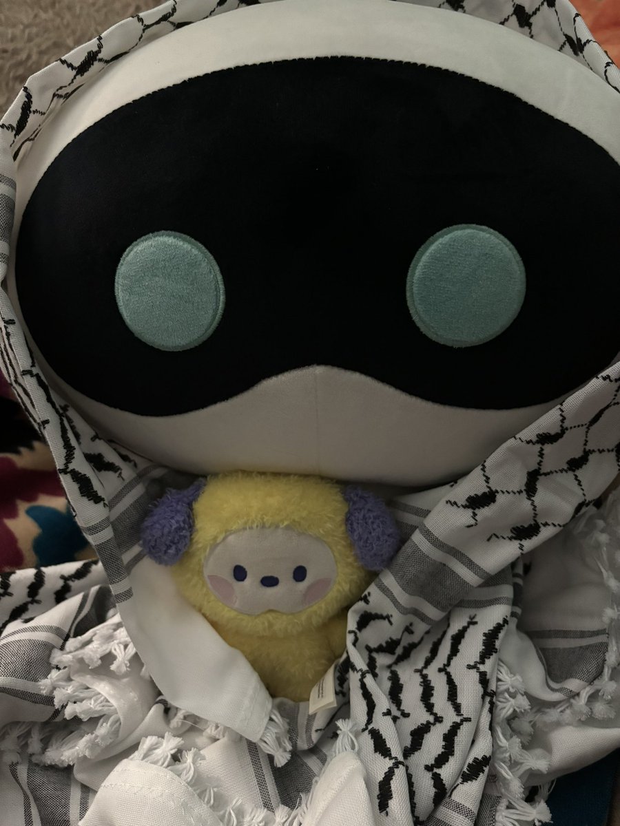 before bedtime, chimmy wanted to bring their pal wootteo and say eid mubarak to everyone who celebrated today!! 🤍🌙 (wootteo loves the kufiya a LOT)