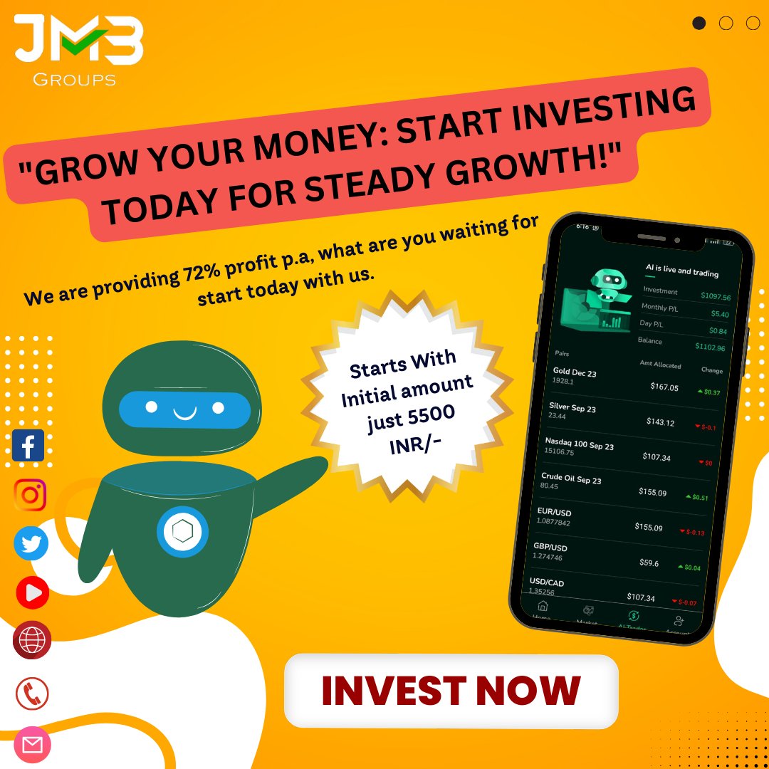 Our advanced algorithms analyze market trends and execute data-driven trades, empowering you to achieve optimal returns. Join us and revolutionize your investments!'
#InvestmentGoals #HighReturns #FinancialFreedom #FinancialGrowth #SmartInvestments #JMBGroups
