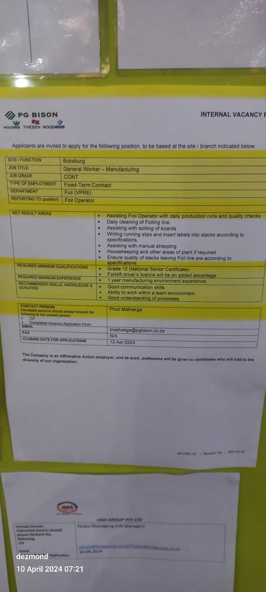 PG bison in Boksburg is hiring! General Worker - Manufacturing SHEQ Officer Quality Technician Send your CV to Phuti Mathekga at tmathekga@pgbison.co.za