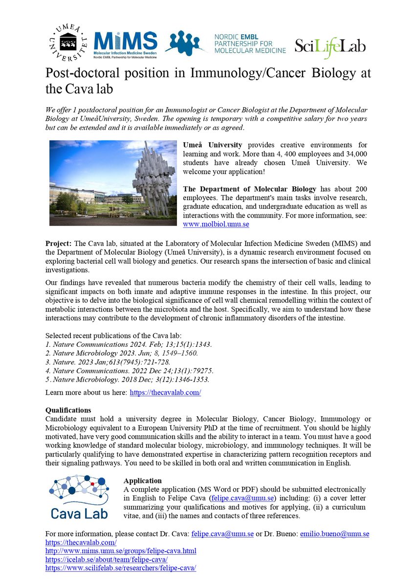 CavaLab_MIMS's tweet image. The Cava lab is hiring!! Two new positions are available in our interdisciplinary group located in the north of Sweden @mims_umea @UmeaUniversity If you are passionate about science then it is time to apply! Looking forward to your application! 🙂