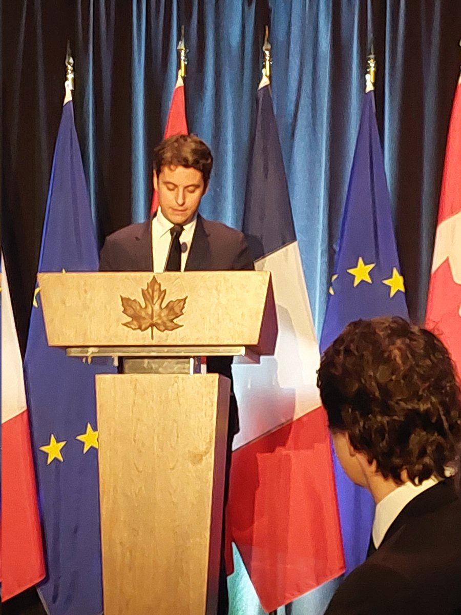 Le Premier ministre 🇨🇵 Gabriel Attal qui effectue au 🇨🇦 sa première visite officielle en dehors de l'Union européenne : 'au moment où le doute s'empare du monde, Canada et France nous parlons la même langue, pas seulement le français, mais bien celle des valeurs partagées'