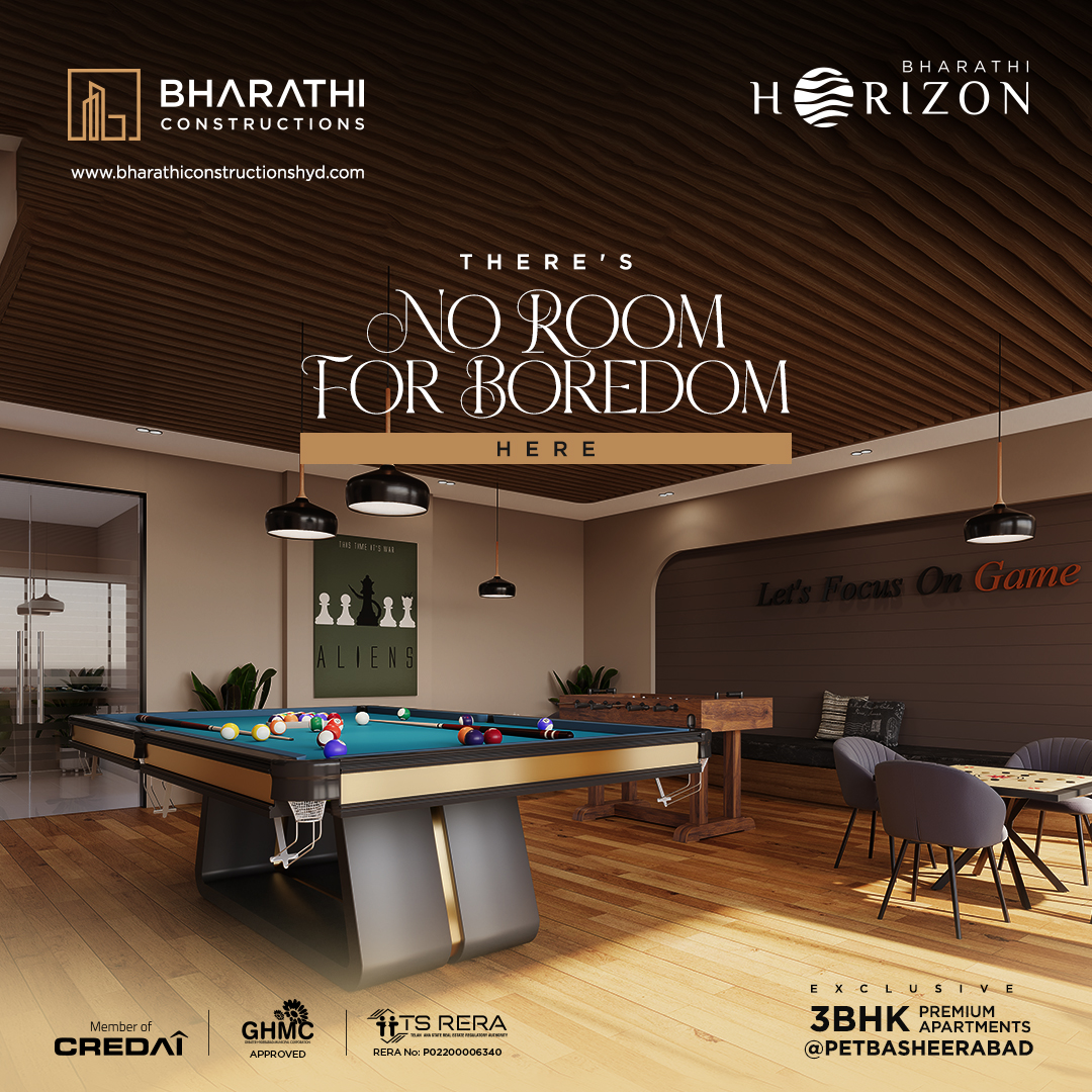 Step into a world of endless excitement at Horizon! Embrace the thrill and leave no room for boredom as you dive into your favorite games in the Indoor Games room.
.
#bharathiconstructions #horizon #lakewoods #3BHKApartments #laxuriousapartments #GatedCommunityApartments
