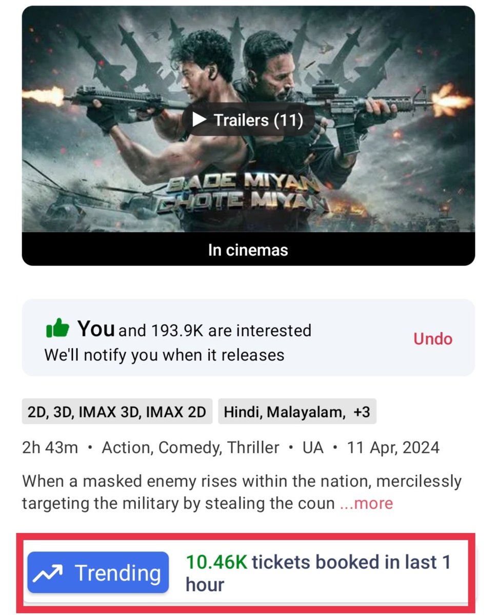 #BadeMiyanChoteMiyan selling 10k+ tickets per hour in the morning n if this growth keeps up, those paid trade experts who were spreading negativity yesterday are gonna have their butts toasted till night 💥 #BMCMReview