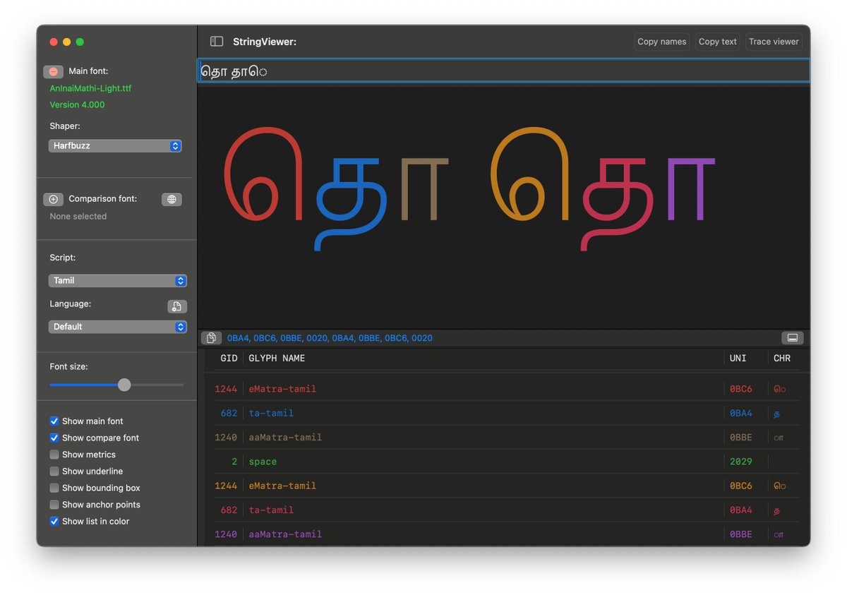 Muthu Nedumaran - முத்து நெடுமாறன் (@muthunedumaran) on Twitter photo தொ - This is composed with த (U+0BA4) + ொ (U+0BCC). The two part vowel sign decomposes as ெ (U+0BC6) and ா (U+0BBE). CoreText accepts only this order but Harfbuzz accepts the vowel signs in the reverse order too. Which one is doing it right? <a href="/harfbuzz/">HarfBuzz حرفباز</a> <a href="/nedley/">Ned Holbrook</a> தொ - This is composed with த (U+0BA4) + ொ (U+0BCC). The two part vowel sign decomposes as ெ (U+0BC6) and ா (U+0BBE). CoreText accepts only this order but Harfbuzz accepts the vowel signs in the reverse order too. Which one is doing it right? <a href="/harfbuzz/">HarfBuzz حرفباز</a> <a href="/nedley/">Ned Holbrook</a>