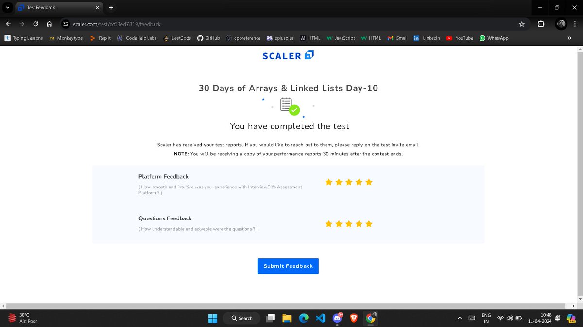 RayPremanshu's tweet photo. Completed ✅ Day 10 of Scaler's 30 Days of Arrays/lists challenge. Sharpening my skills one day at a time.
Excited to continue!!!

#ScalerDiscord #ScalerTopics
@scaler_official #DSA #CodingChallenge #ArrayMagic #TechJourney https://t.co/R2A42CIaq8