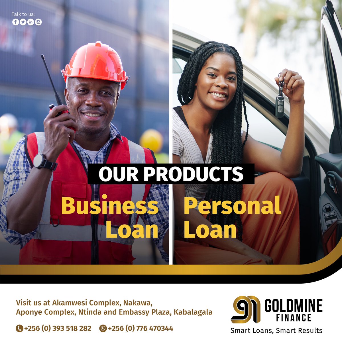 These are the loan products that we offer. Agency banking services are also available at our Nakawa branch. #GoldmineFinance #SmartLoansSmartResults