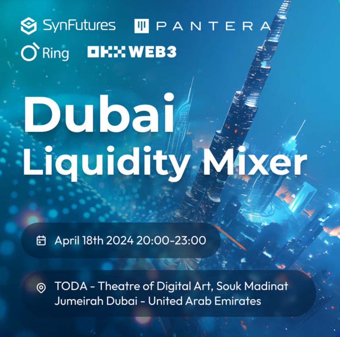 📣ARE YOU READY TO PARTY LIKE IT’S 2049? Ring Protocol teams up with @SynFuturesDefi, @PanteraCapital, & @okxweb3 to put up the biggest bash on the “block”! 🗓️ APRIL 18 🕗 8-11PM GST Want to party with us? Reply on this post or DM us to be considered! Limited slots only 👀