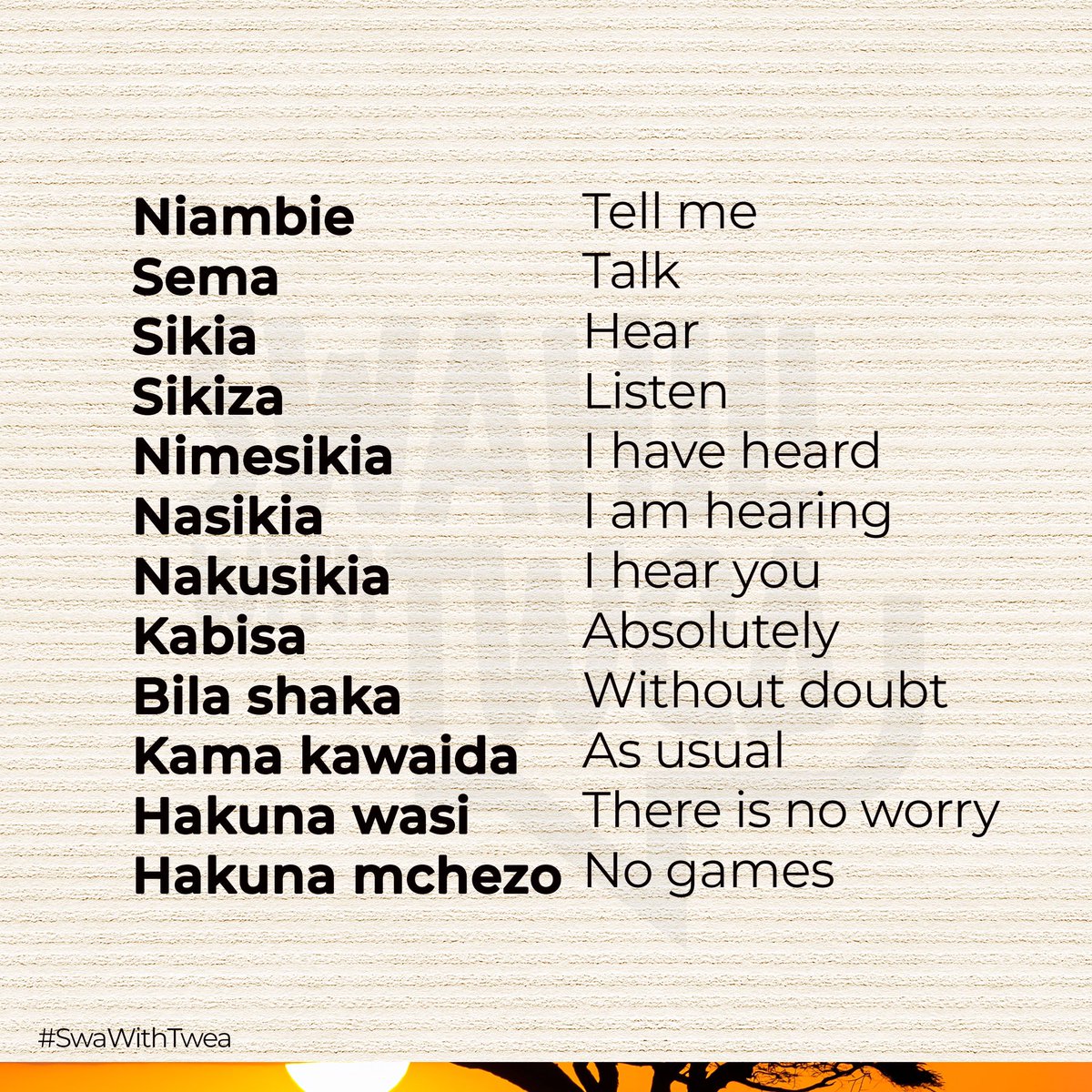 Hamjambo 
More common #Swahili phrases and their meaning based translations 
#SwaWithTwea